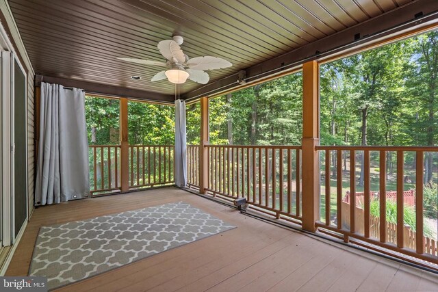 13013 Alum Springs Rd, Culpeper, VA 22701 - deck featuring a ceiling fan and view of wooded area