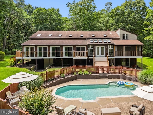 13013 Alum Springs Rd, Culpeper, VA 22701 - back of house with stairway, a patio area, an outdoor pool, french doors, and a wooden deck