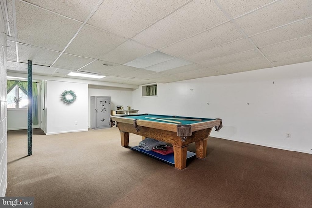 13013 Alum Springs Rd, Culpeper, VA 22701 - playroom featuring carpet floors, billiards table, a paneled ceiling, and baseboards