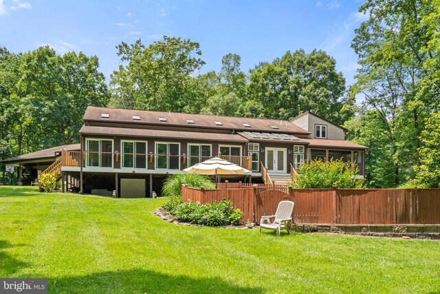 13013 Alum Springs Rd, Culpeper, VA 22701 - rear view of house featuring french doors, a sunroom, a deck, stairway, and a shingled roof