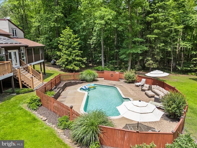 13013 Alum Springs Rd, Culpeper, VA 22701 - view of swimming pool with a sunroom, a patio, french doors, and stairs