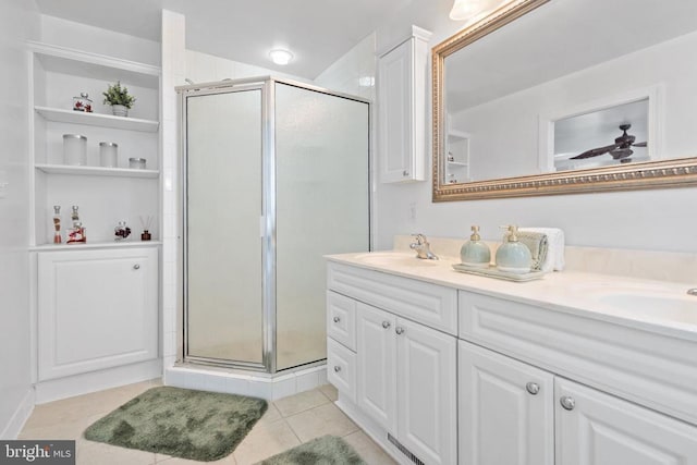 13013 Alum Springs Rd, Culpeper, VA 22701 - full bathroom with a stall shower, double vanity, tile patterned flooring, and a ceiling fan