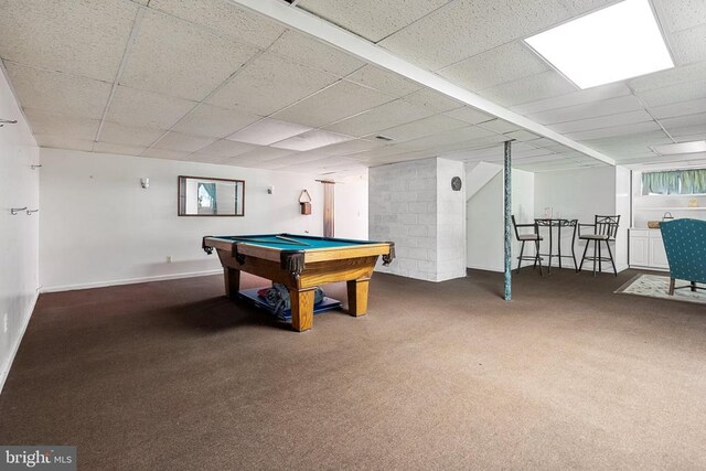 13013 Alum Springs Rd, Culpeper, VA 22701 - playroom with billiards, carpet floors, baseboards, and a drop ceiling