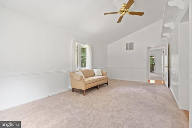 13013 Alum Springs Rd, Culpeper, VA 22701 - sitting room with light colored carpet, a ceiling fan, baseboards, and high vaulted ceiling