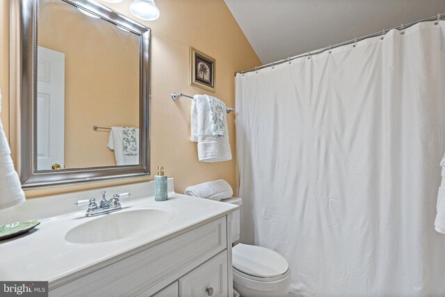 13013 Alum Springs Rd, Culpeper, VA 22701 - bathroom featuring toilet, vanity, lofted ceiling, and curtained shower
