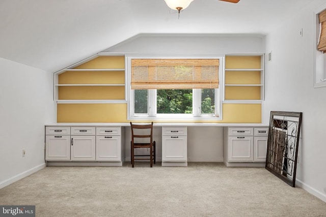 13013 Alum Springs Rd, Culpeper, VA 22701 - unfurnished office featuring vaulted ceiling, light carpet, built in study area, a ceiling fan, and baseboards