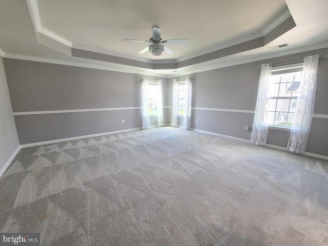 9423 Reservoir Rd, Fredericksburg, VA 22407 - unfurnished room with a raised ceiling, crown molding, ceiling fan, plenty of natural light, and carpet
