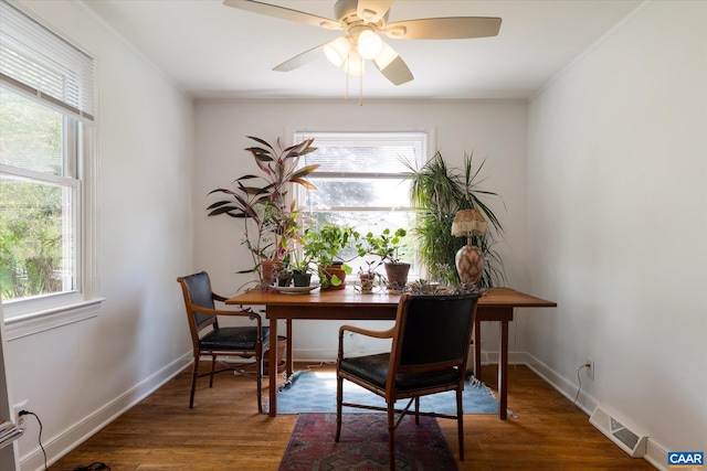 dining area with healthy amount of natural light, wood finished floors, ceiling fan, and crown molding