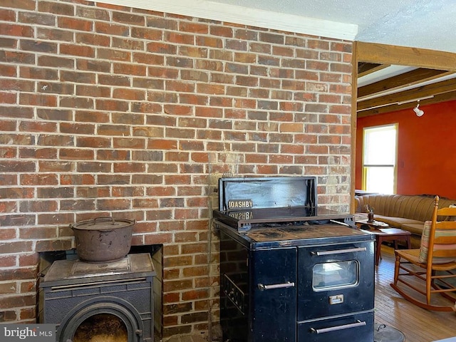 10 Ashby Rd, Sperryville, VA 22740 - detailed view of a wood stove, wood finished floors, and beamed ceiling