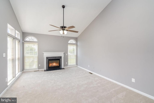6304 Dranesville Dr W, Fredericksburg, VA 22407 - unfurnished living room with a ceiling fan, a high end fireplace, carpet floors, and high vaulted ceiling