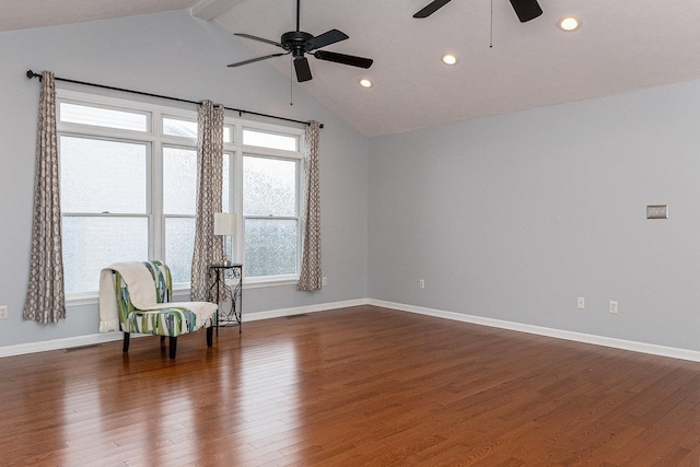 unfurnished room with vaulted ceiling with beams, recessed lighting, visible vents, baseboards, and dark wood finished floors