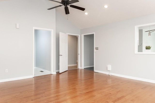 spare room featuring baseboards, ceiling fan, recessed lighting, and light wood-style floors