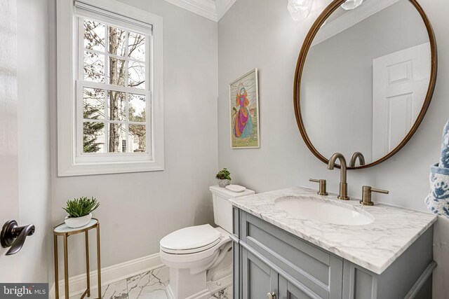11304 Chivalry Chase Ln, Spotsylvania, VA 22551 - bathroom featuring marble finish flooring, vanity, baseboards, healthy amount of natural light, and crown molding