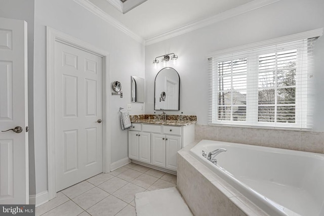 11304 Chivalry Chase Ln, Spotsylvania, VA 22551 - full bathroom with vanity, a garden tub, crown molding, tile patterned flooring, and baseboards