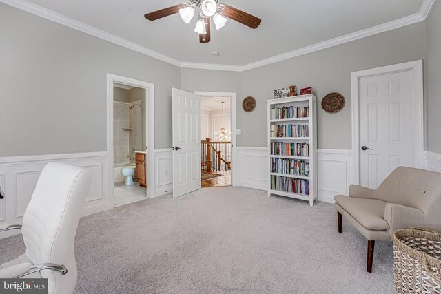 11304 Chivalry Chase Ln, Spotsylvania, VA 22551 - office area featuring light colored carpet, ornamental molding, ceiling fan, a decorative wall, and a wainscoted wall