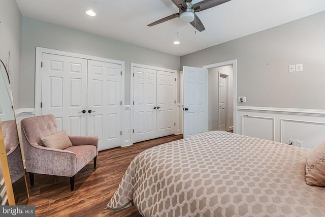 11304 Chivalry Chase Ln, Spotsylvania, VA 22551 - bedroom featuring multiple closets, dark wood finished floors, recessed lighting, ceiling fan, and a wainscoted wall