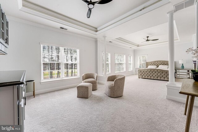 11304 Chivalry Chase Ln, Spotsylvania, VA 22551 - bedroom with a tray ceiling, crown molding, carpet floors, ceiling fan, and baseboards