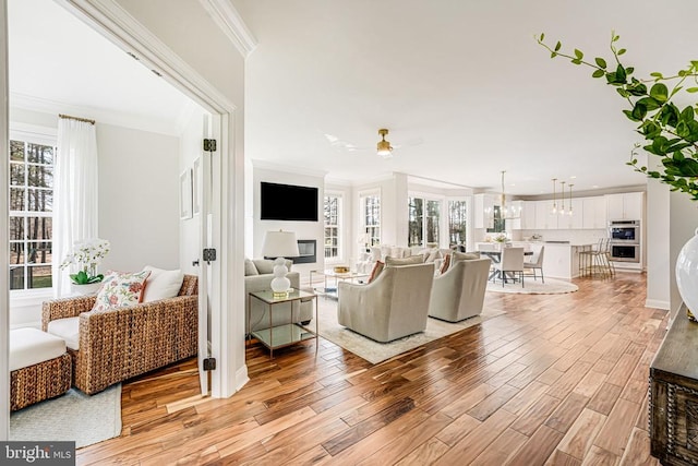 11304 Chivalry Chase Ln, Spotsylvania, VA 22551 - living area featuring ornamental molding, light wood-style floors, plenty of natural light, and a ceiling fan
