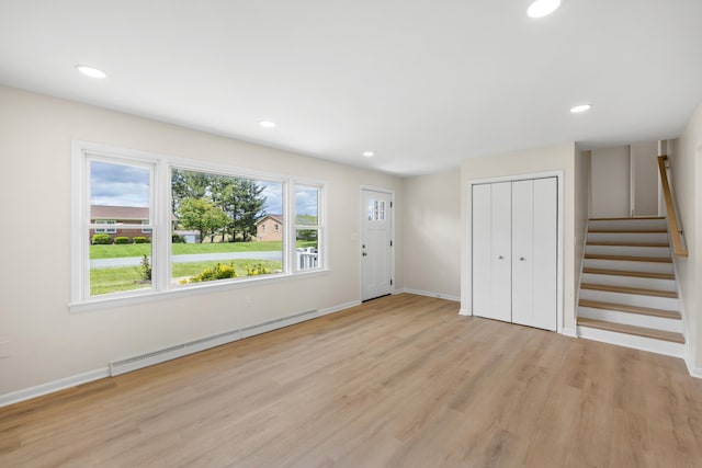 96 Featherstone Dr, Lyndhurst, VA 22952 - entryway featuring baseboard heating, light wood-type flooring, stairs, baseboards, and recessed lighting