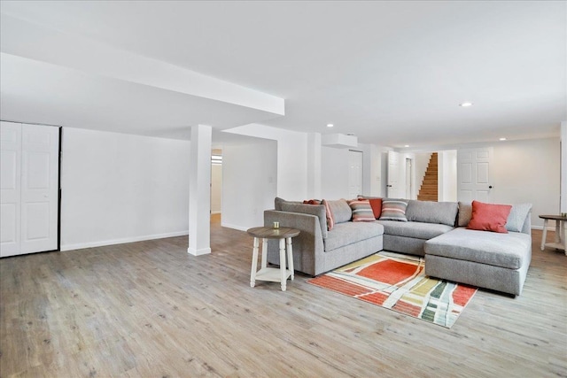 210 Jackson Ave, New Market, VA 22844 - living room featuring stairway, wood finished floors, recessed lighting, and baseboards
