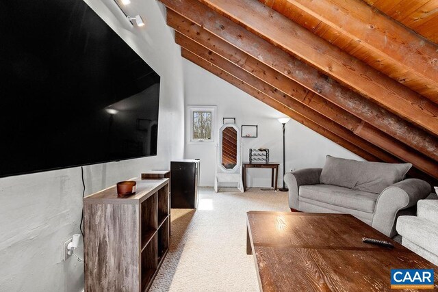 16 Chestnut Ln, Wintergreen Resort, VA 22967 - living area featuring light carpet, wooden ceiling, and lofted ceiling with beams