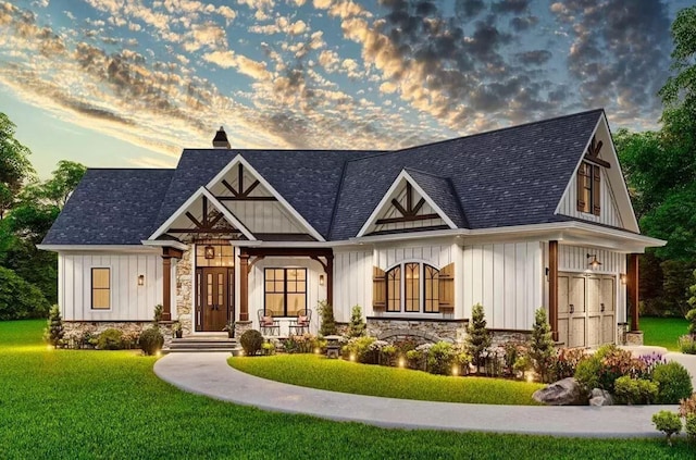 LOT15 Waterfront Dr, Raphine, VA 24472 - view of front of home with stone siding, board and batten siding, a yard, and a shingled roof