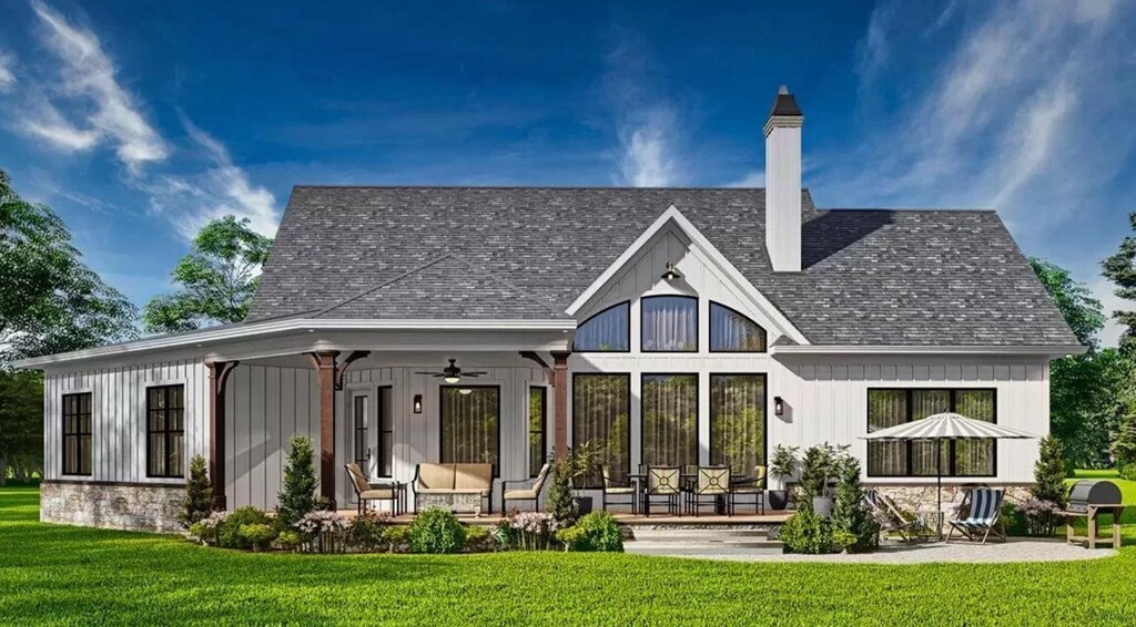 LOT15 Waterfront Dr, Raphine, VA 24472 - rear view of house with a yard, ceiling fan, board and batten siding, an outdoor hangout area, and a shingled roof