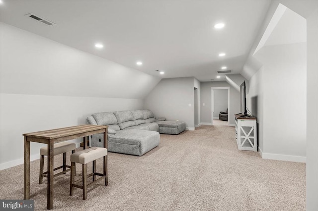15411 Cedar Hill Dr, Mineral, VA 23117 - living room with light carpet, vaulted ceiling, and recessed lighting