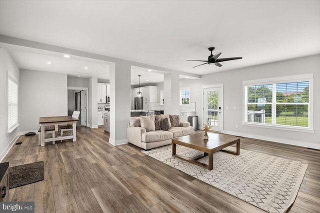 15411 Cedar Hill Dr, Mineral, VA 23117 - living room with wood finished floors, ceiling fan, and recessed lighting