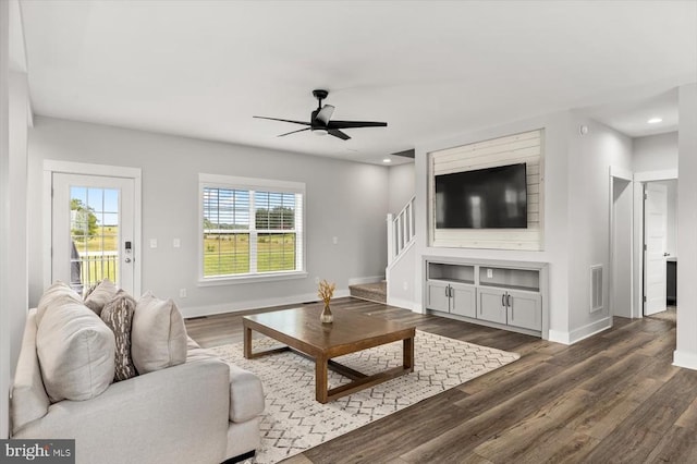 15411 Cedar Hill Dr, Mineral, VA 23117 - living area featuring a ceiling fan, stairway, dark wood-style floors, and recessed lighting