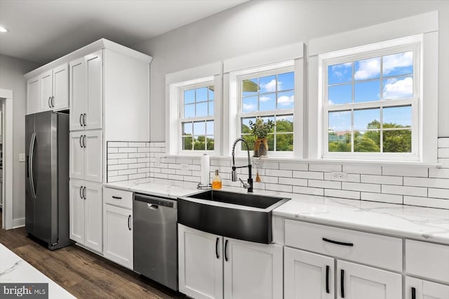 15411 Cedar Hill Dr, Mineral, VA 23117 - kitchen featuring stainless steel appliances, white cabinetry, backsplash, dark wood-style flooring, and light stone countertops