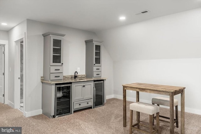 15411 Cedar Hill Dr, Mineral, VA 23117 - indoor bar featuring wine cooler, light carpet, and recessed lighting