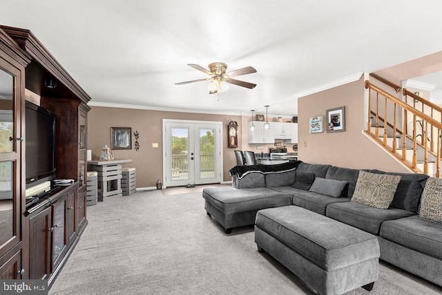 24011 Cedar Ridge Rd, Rapidan, VA 22733 - living room featuring crown molding, stairway, french doors, ceiling fan, and light colored carpet