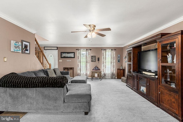 24011 Cedar Ridge Rd, Rapidan, VA 22733 - living area with light colored carpet, ornamental molding, stairway, and a ceiling fan