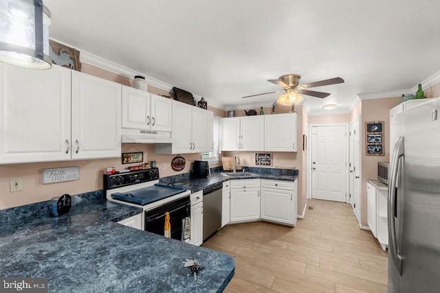 24011 Cedar Ridge Rd, Rapidan, VA 22733 - kitchen featuring stainless steel appliances, under cabinet range hood, ornamental molding, white cabinets, and light wood-style floors