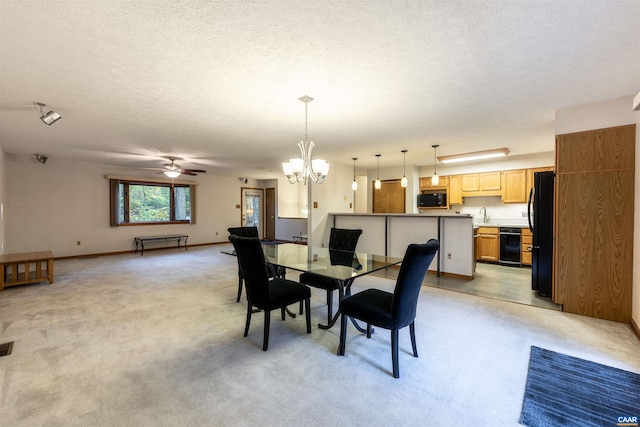 210 Pasture Ln, Stanardsville, VA 22973 - dining area featuring a textured ceiling, light carpet, and ceiling fan with notable chandelier
