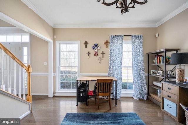 5819 Telluride Ln, Spotsylvania, VA 22553 - office featuring wood finished floors, plenty of natural light, ornamental molding, and a chandelier