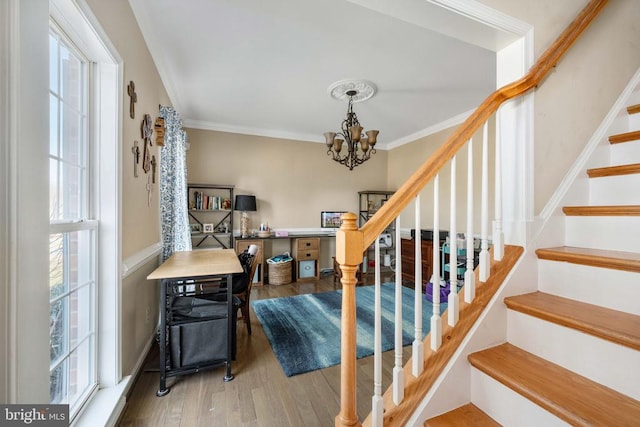 5819 Telluride Ln, Spotsylvania, VA 22553 - stairway featuring healthy amount of natural light, wood finished floors, ornamental molding, and a chandelier
