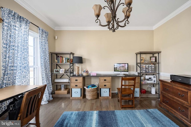 5819 Telluride Ln, Spotsylvania, VA 22553 - home office with wood finished floors, crown molding, and a chandelier