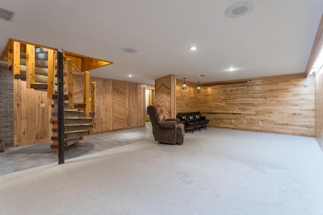 1003 Natural Chimneys Rd, Mount Solon, VA 22843 - unfurnished room with recessed lighting, carpet flooring, visible vents, wood walls, and stairway