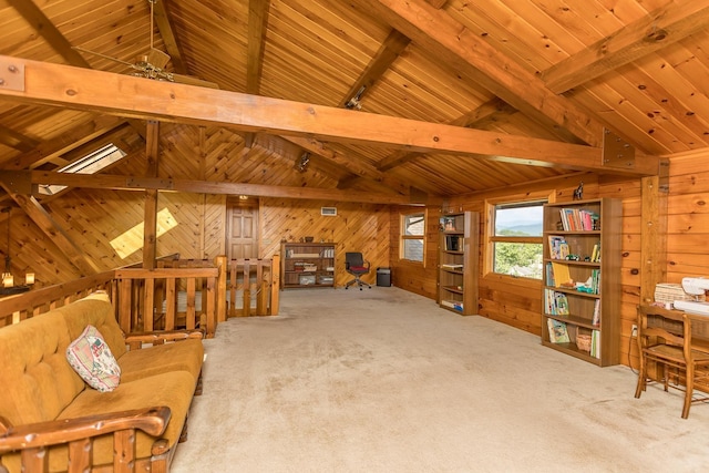 1003 Natural Chimneys Rd, Mount Solon, VA 22843 - unfurnished room with wood ceiling, carpet flooring, wood walls, and vaulted ceiling with beams