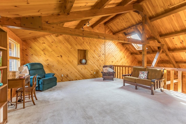 1003 Natural Chimneys Rd, Mount Solon, VA 22843 - sitting room featuring wood walls, vaulted ceiling with beams, and carpet floors