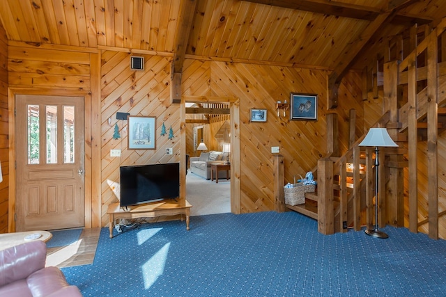 1003 Natural Chimneys Rd, Mount Solon, VA 22843 - interior space with wooden ceiling, wood walls, and lofted ceiling with beams