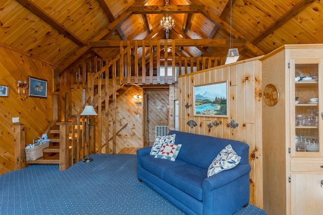 1003 Natural Chimneys Rd, Mount Solon, VA 22843 - carpeted living area with wooden ceiling, wood walls, lofted ceiling with beams, and stairway