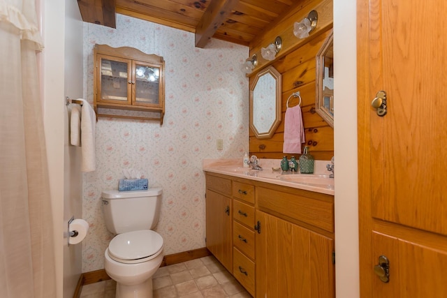 1003 Natural Chimneys Rd, Mount Solon, VA 22843 - full bathroom with wallpapered walls, wooden ceiling, toilet, tile patterned floors, and double vanity