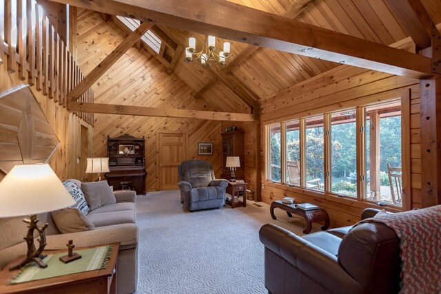 1003 Natural Chimneys Rd, Mount Solon, VA 22843 - carpeted living area with a notable chandelier, wooden ceiling, wood walls, high vaulted ceiling, and beamed ceiling