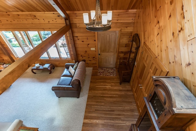 1003 Natural Chimneys Rd, Mount Solon, VA 22843 - living area with an inviting chandelier, wood walls, wood ceiling, and dark wood-style floors