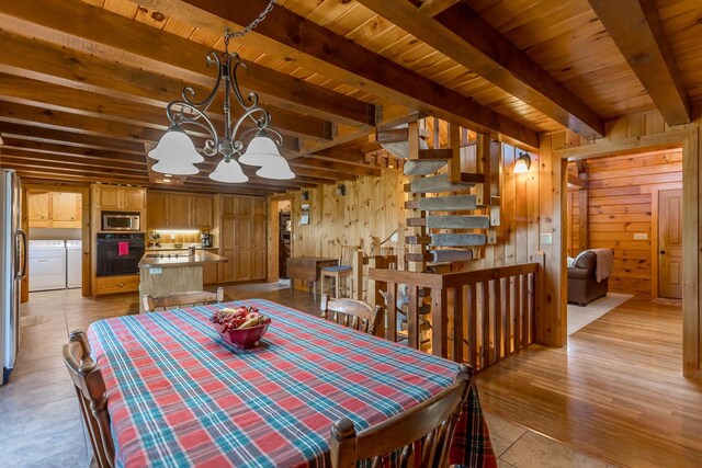 1003 Natural Chimneys Rd, Mount Solon, VA 22843 - dining room featuring independent washer and dryer, wooden ceiling, a chandelier, and beamed ceiling