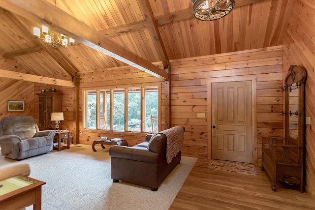 1003 Natural Chimneys Rd, Mount Solon, VA 22843 - living area with wood ceiling, wooden walls, a chandelier, wood finished floors, and lofted ceiling with beams