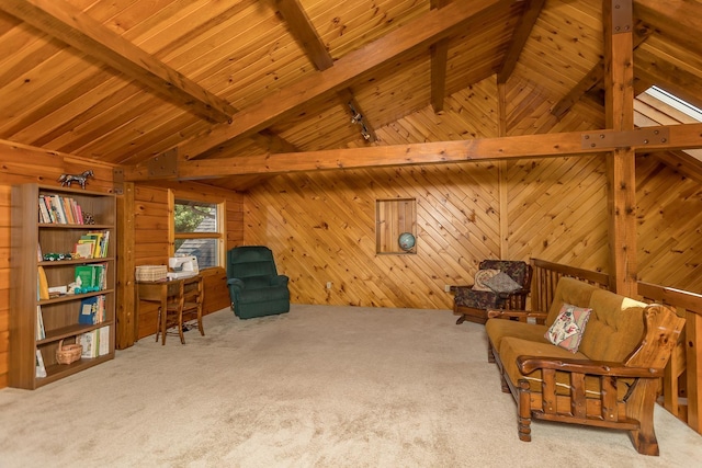 1003 Natural Chimneys Rd, Mount Solon, VA 22843 - living area featuring wood walls, carpet flooring, wood ceiling, and vaulted ceiling with beams